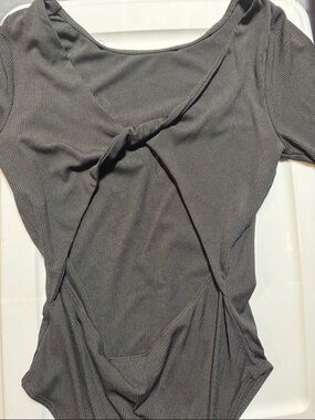 Forever 21 Black Gray Twist-Back Ribbed Bodysuit Long Sleeve